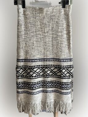 Free People Knit Fringe Skirt Size Small Boho Ivory Black Textured Midi